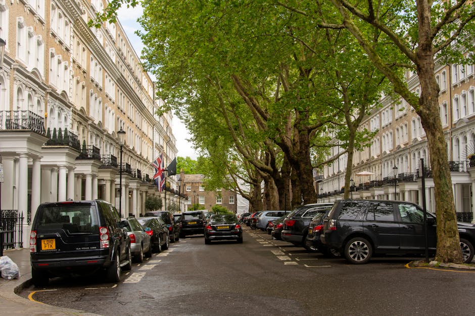 A narrow residential street in West Hampstead lined with white Victorian-style terraced houses that have black wrought iron balconies and decorative moldings. Several parked cars, including a black van with a yellow registration plate, are along the street, with some vehicles partially obstructing parking bays marked by white dashed lines. Mature trees with lush green foliage arch over the street, providing shade to the parked vehicles and sidewalk. The pavement is slightly wet, indicating recent rain or watering. In the background, a small brick building and more parked cars are visible, with traffic cones seen near the vehicle. The scene is well-lit with natural daylight, and the overall environment suggests a quiet, well-maintained area suitable for home relocation or furniture transport services provided by Man and Van West Hampstead, as part of their removals offerings for Camden Council parking permits in West Hampstead.