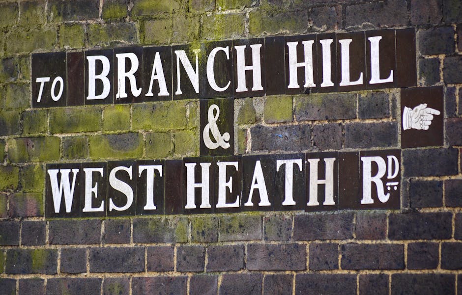 Close-up of a weathered brick wall displaying a black and white ceramic street sign reading 'to BRANCH HILL & WEST HEATH RD,' with a small white pointing hand icon to the right of the sign. The sign is mounted with visible mortar joints and some moss or discoloration on the bricks, indicating outdoor exposure. The context suggests it is part of a residential or urban area in West Hampstead, relevant to local house removals and moving logistics. This signage may be seen during the loading or unloading process when relocating furniture and boxes using a van or trolley. Man and Van West Hampstead often operates in this area, assisting with packing, transportation, and home relocation services, including managing street access and logistics to avoid hidden costs. The image emphasizes the typical environment for furniture transport and home moving activities in West Hampstead.